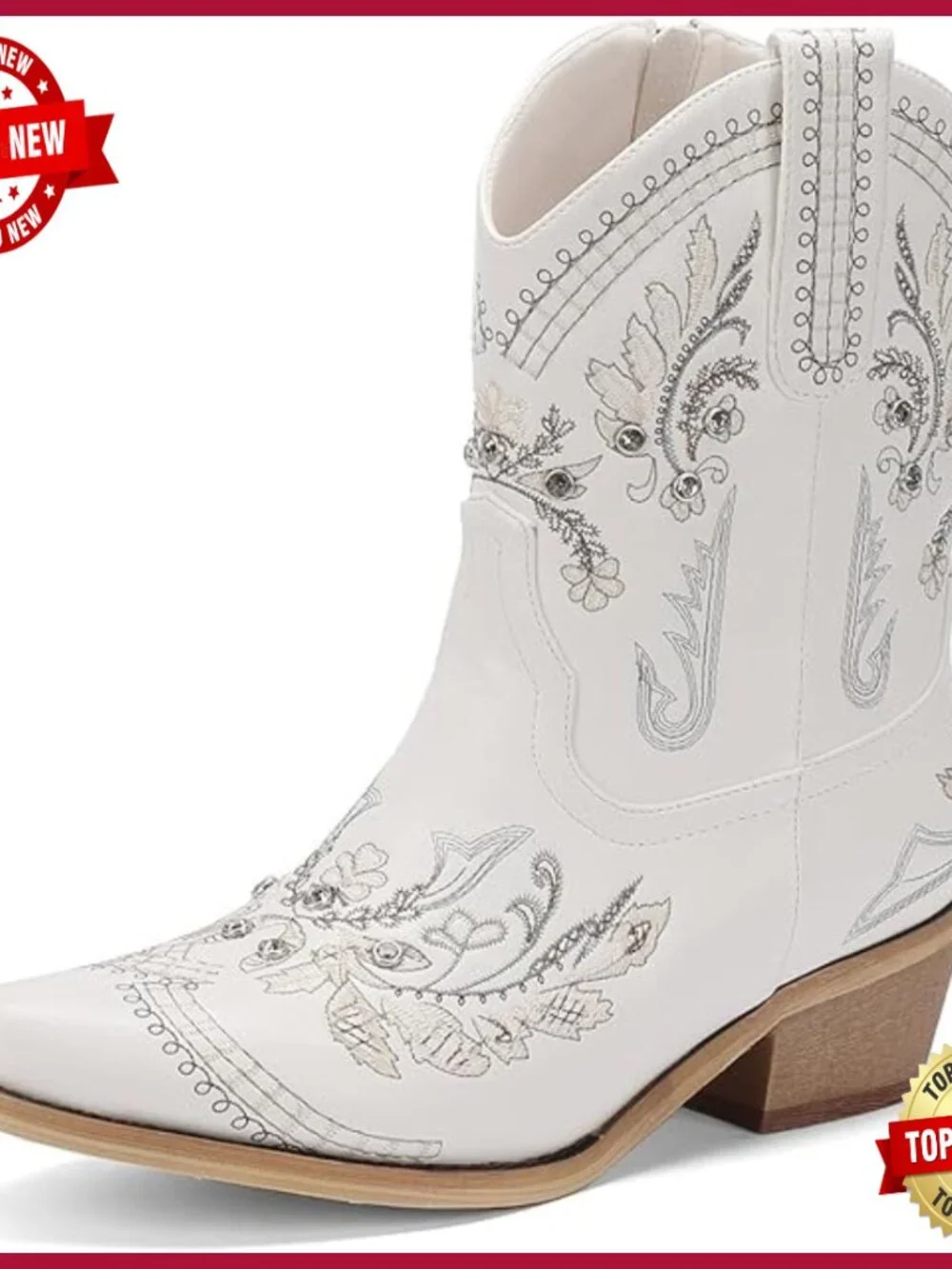 Embroidered Rhinestone Western Ankle Boots Chunky Heel Pull On